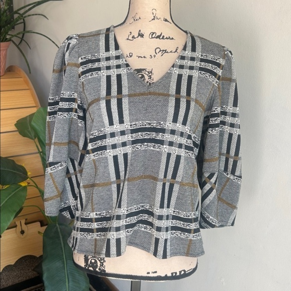 Anthropologie Current Air Striped Plaid V-Neck Grey Blouse Size XS